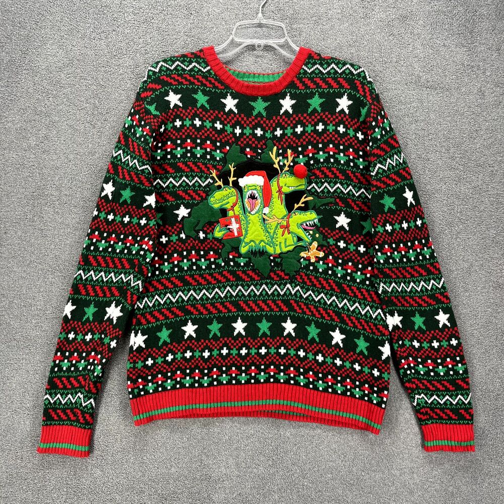 33 Degrees Christmas Ugly Sweater Unisex Medium Dino Cotton Knit